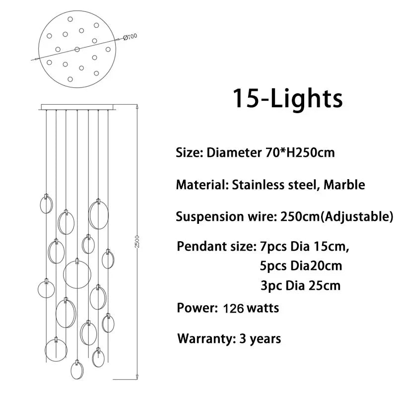 Marble LED Chandelier Staircase Lobby Light Gold Stone Fixture