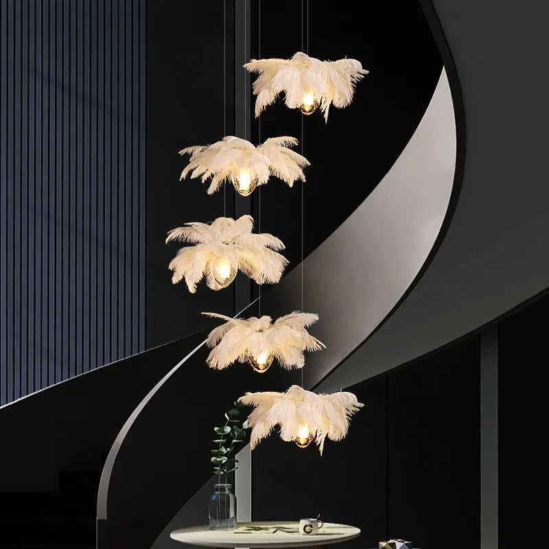 Ostrich Feather Glass Chandelier Lighting for Modern Staircase and Home Decor