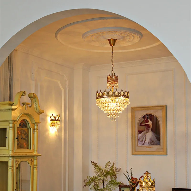 Crown Crystal Chandelier - Golden Vintage LED Pendant for Elegant Indoor Lighting