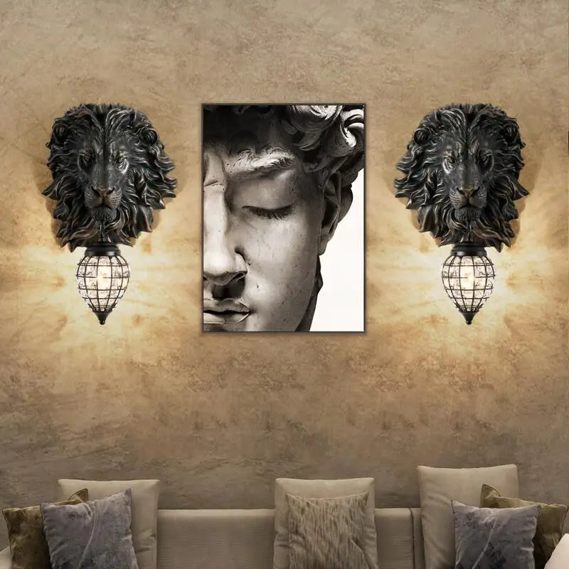 Lion Head Resin Wall Lamp: European Style Living Room Light for Home Décor