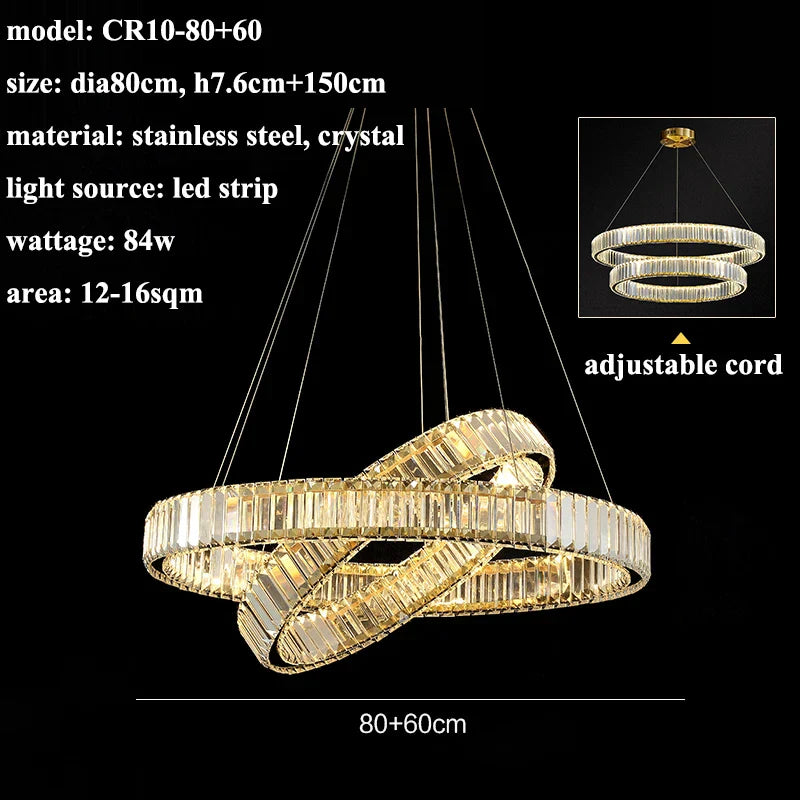 Luxury Steel Crystal Chandelier Dimmable LED Pendant Lights with Remote Control