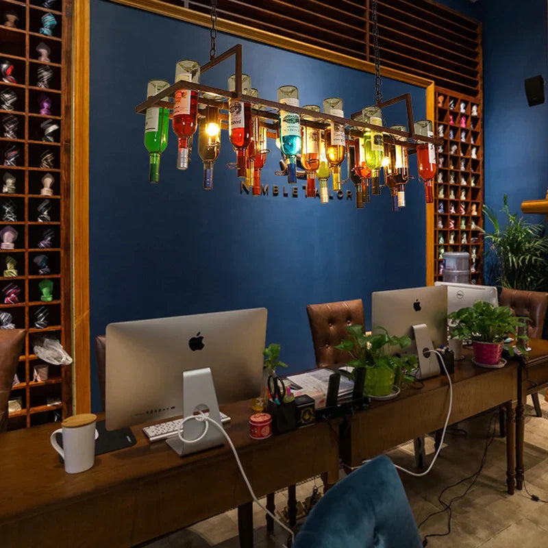 Rust Metal Wine Bottle Chandelier for Cafe LOFT Bar Lighting