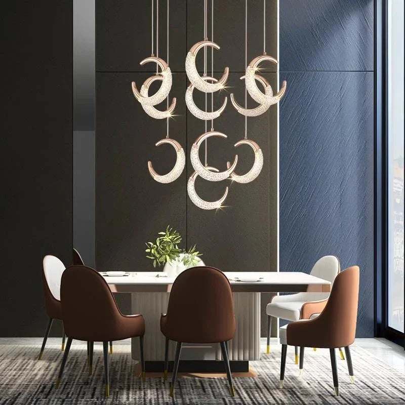 Moon Design Acrylic LED Chandelier: Modern Staircase Pendant Light for Living and Dining Room