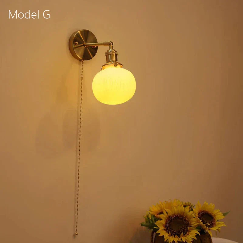 Ceramic Sconce Lamp, Vintage Brass Wall Light, Modern Minimalist Bedside Reading Lamp