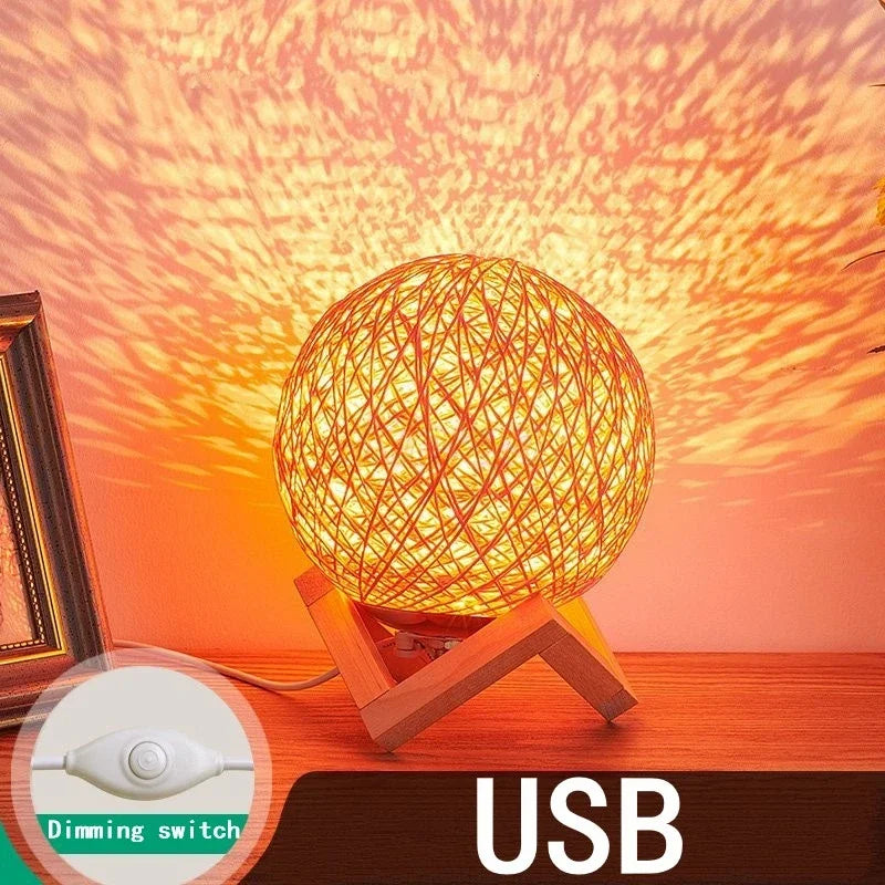 Minimalist Rattan Ball LED Table Lamp with Solid Wood Base