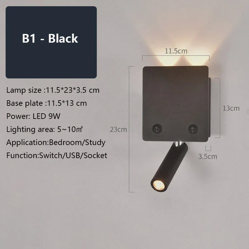 Rotatable LED Wall Sconce Lamp with USB Port & Socket for Bedrooms, Restaurants - White/Black