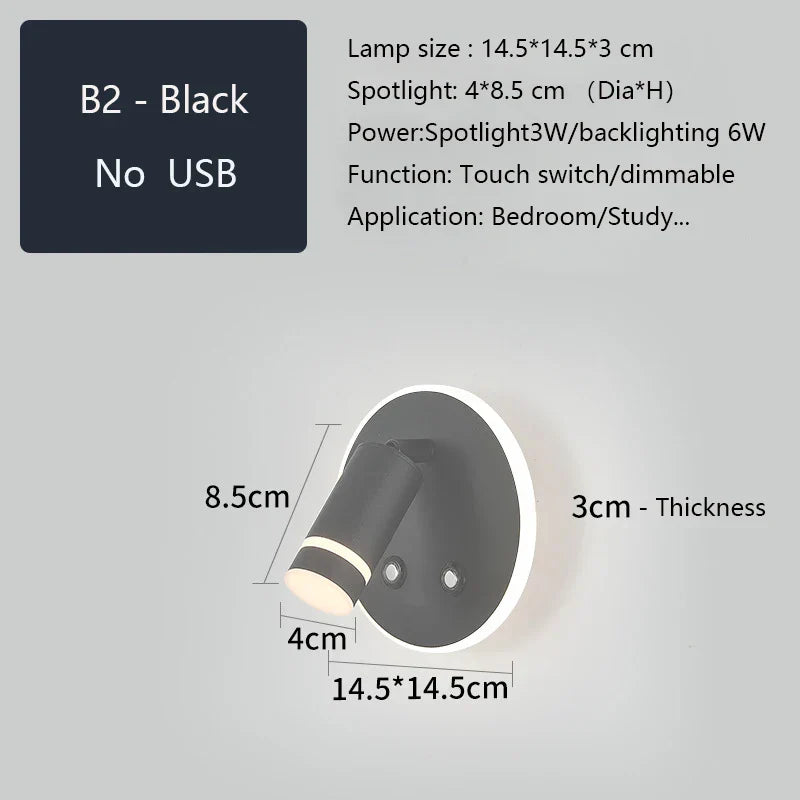 LED Wall Sconce Lamp Touch Switch USB Bedside Reading Light Tri-color Diammable