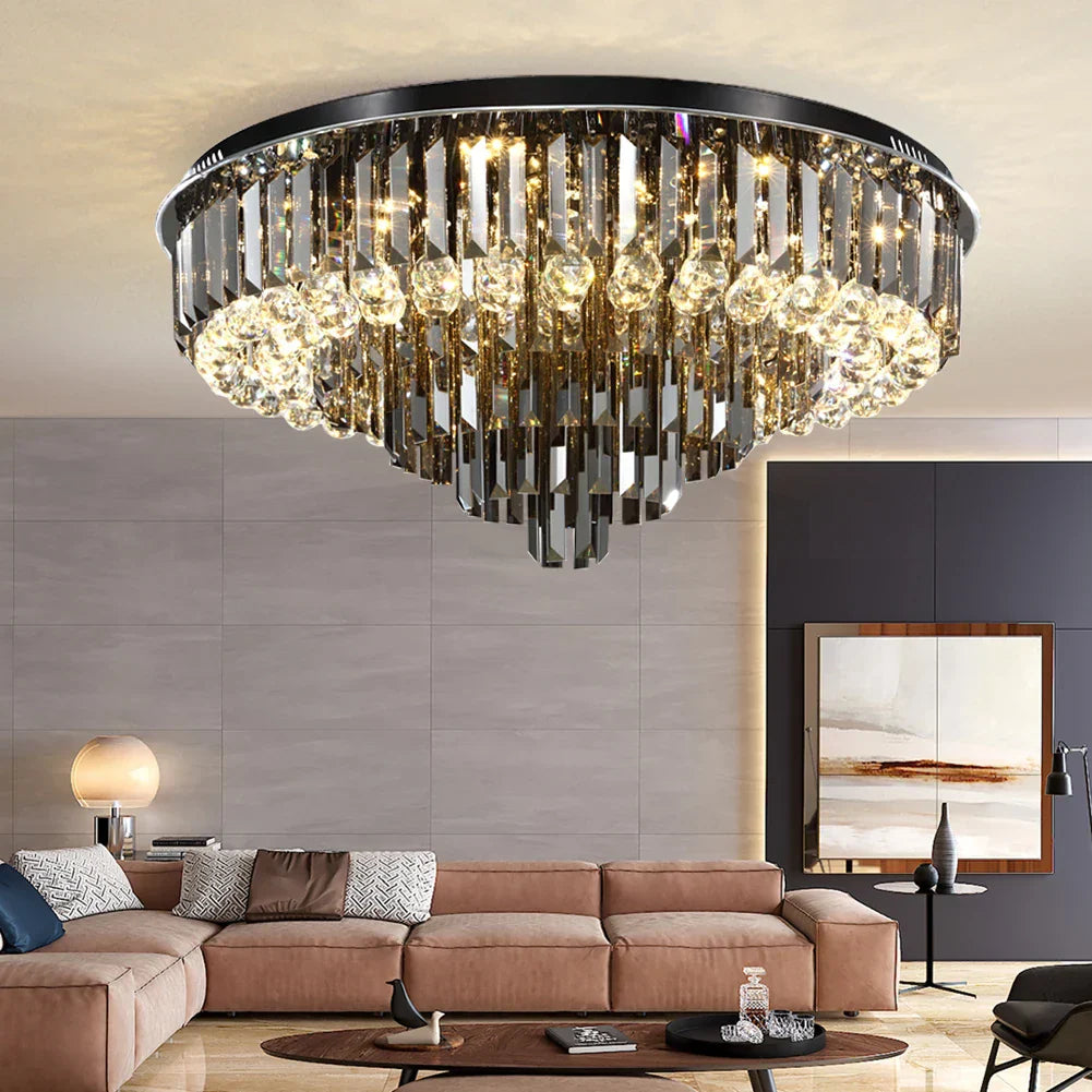 Smoky Gray Crystal Ceiling Chandelier: Modern LED Lighting Fixture for Living Room