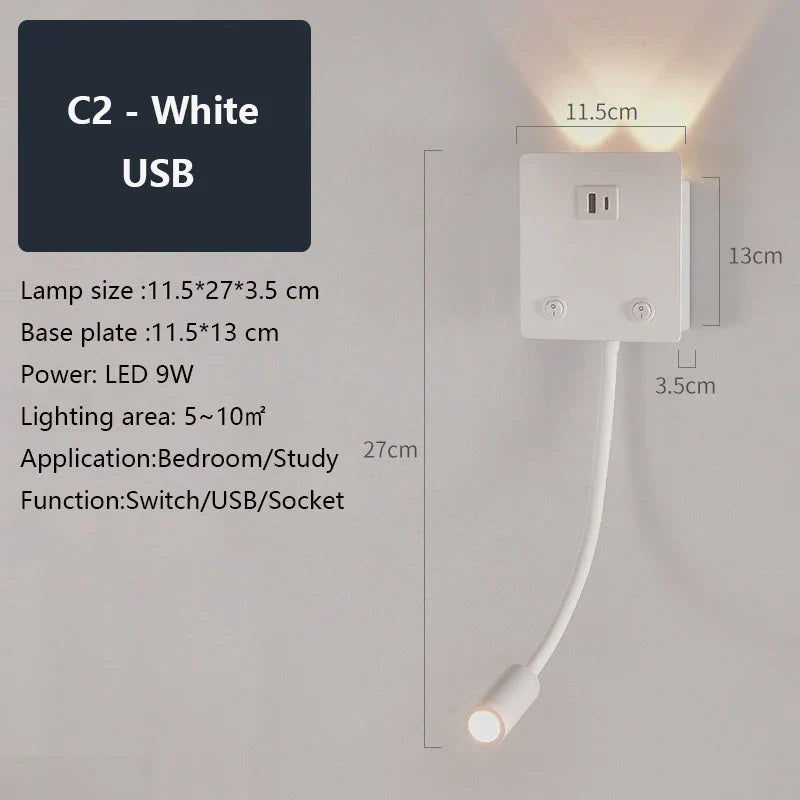 Rotatable LED Wall Sconce Lamp with USB Port & Socket for Bedrooms, Restaurants - White/Black