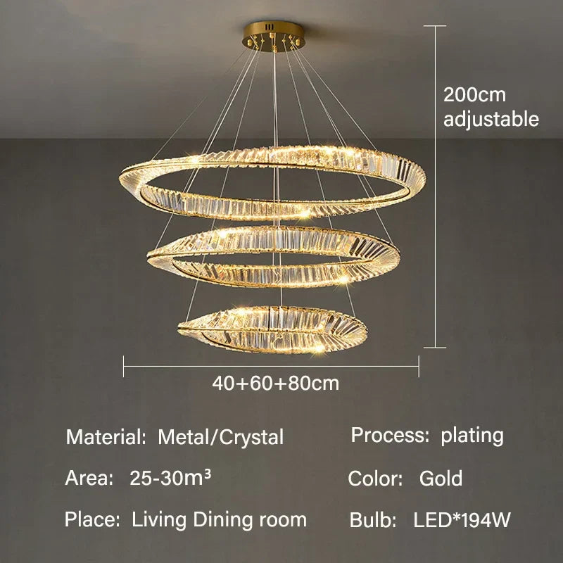 Luxury Gold LED Crystal Pendant Chandelier for Living & Dining Room Lighting