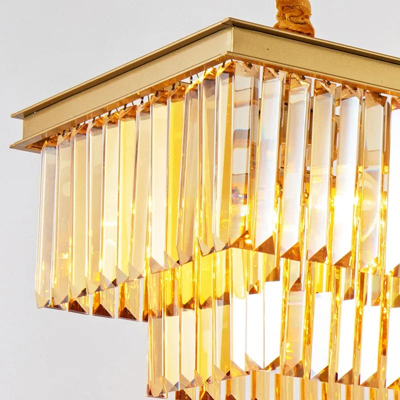 Gold Black Metal LED Chandelier with K9 Crystal - Retro Square Chain Pendant Lighting