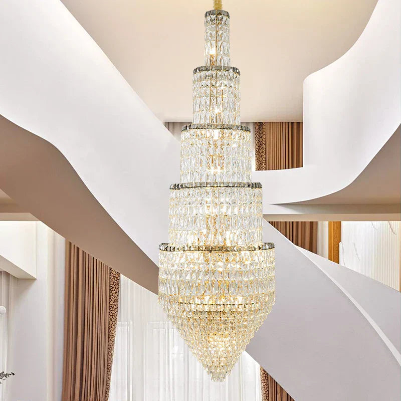 Crystal Hollow Long Chandelier: Elegant Duplex Villa Hall Lighting