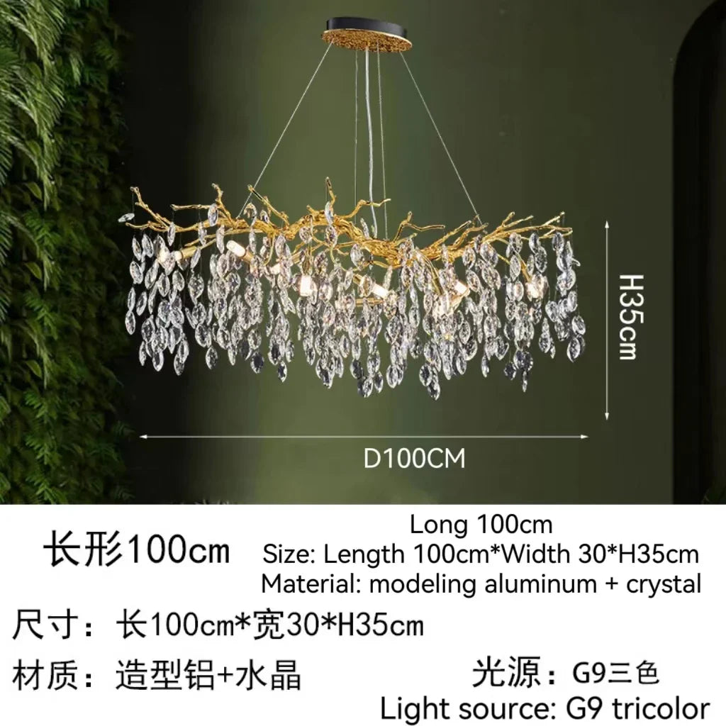 Golden Crystal Tree Chandelier, Luxury Matte Aluminum Art Ceiling Light for Living Room