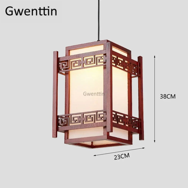 Sheepskin Lantern Pendant Light - Vintage Chinese Style Wooden Hanging Lamp