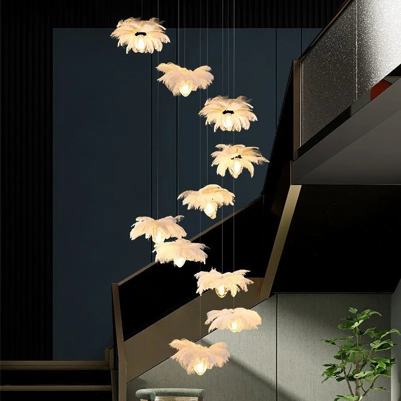 Ostrich Feather Glass Chandelier Lighting for Modern Staircase and Home Decor