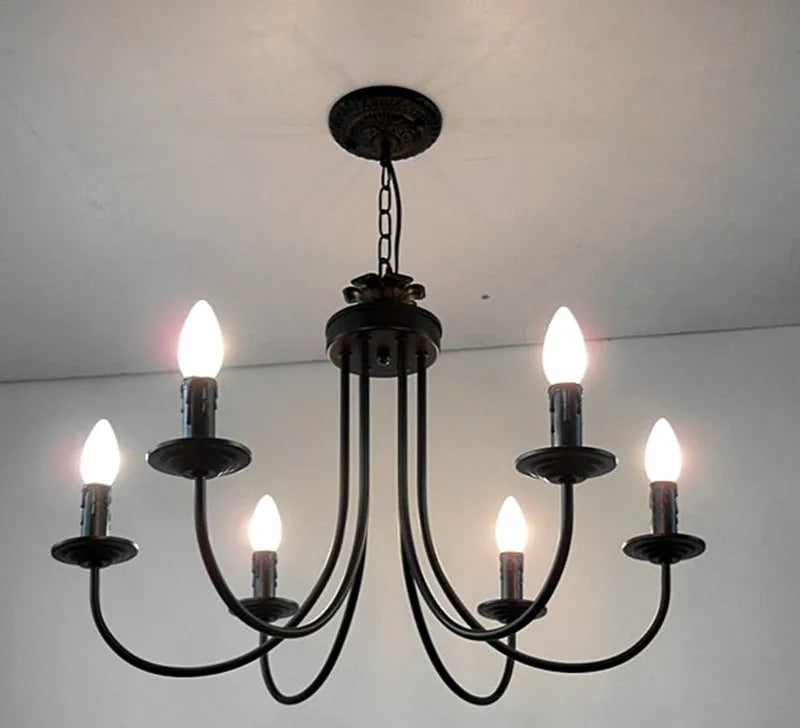 Black Curved Arm LED Chandelier: Classic Wrought Iron Candle Lighting Fixture