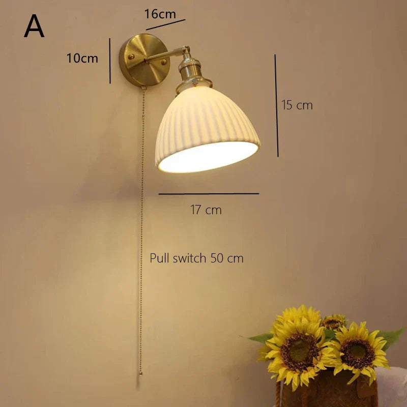 Ceramic Sconce Lamp, Vintage Brass Wall Light, Modern Minimalist Bedside Reading Lamp