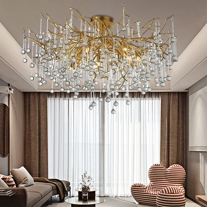 Modern Crystal Gold Tree Branch Ceiling Chandelier for Bedroom and Living Room