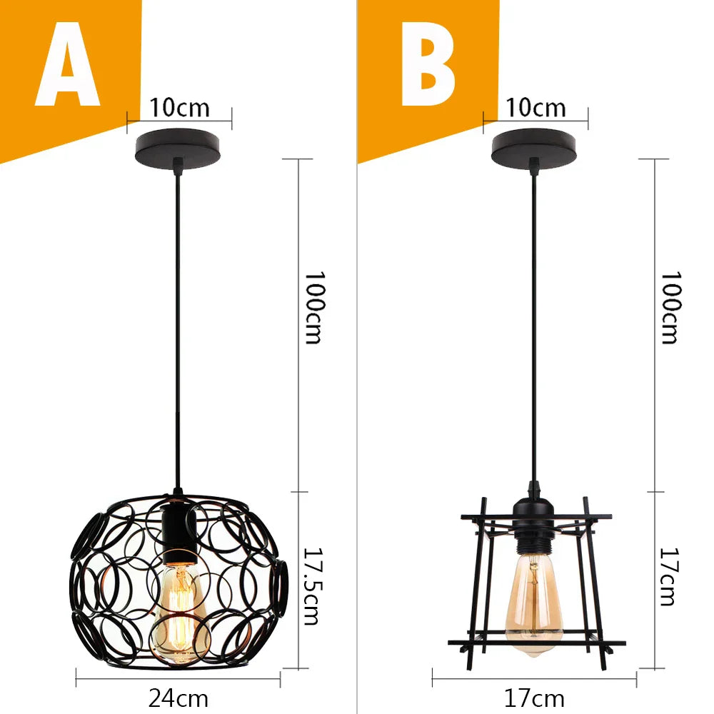 Black Metal Cage Pendant Light - Vintage Industrial Loft Kitchen Lighting
