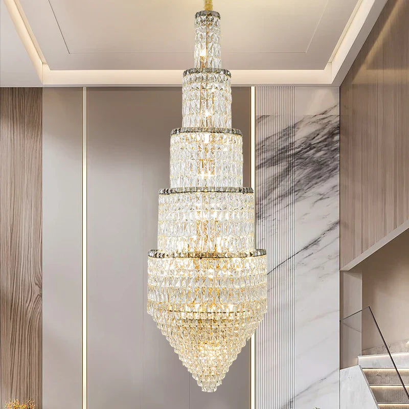 Crystal Hollow Long Chandelier: Elegant Duplex Villa Hall Lighting