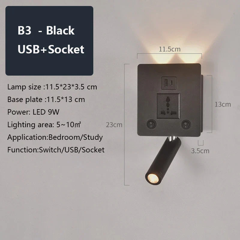 Rotatable LED Wall Sconce Lamp with USB Port & Socket for Bedrooms, Restaurants - White/Black