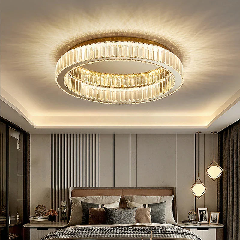 Luxury Gold Crystal Ceiling Light Ring LED Glossy Indoor Living Room Lighting