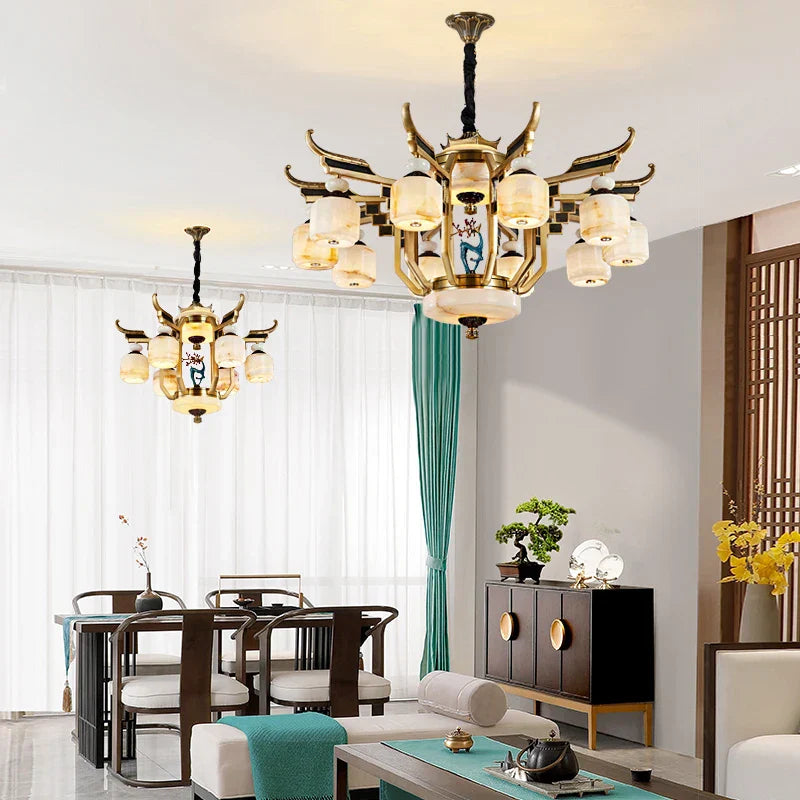 All Copper Jade Chandelier for Villa Living Room, Dining Room - Chinese Style Duplex Copper Lamp