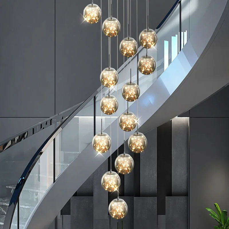 Glass Ball Spiral Chandelier for Modern Staircase & Dining Table LED Ceiling Light
