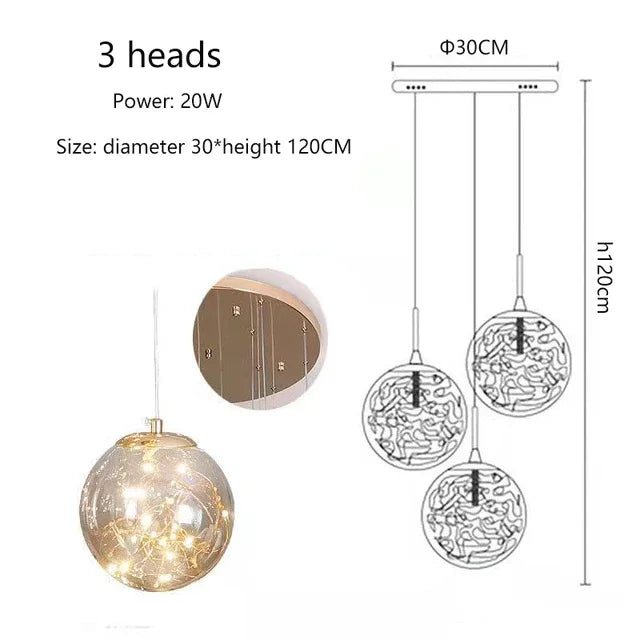Luminous Glass Ball Pendant Chandeliers for Living Dining Room Decor LED Lighting