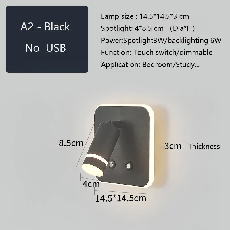 LED Wall Sconce Lamp Touch Switch USB Bedside Reading Light Tri-color Diammable