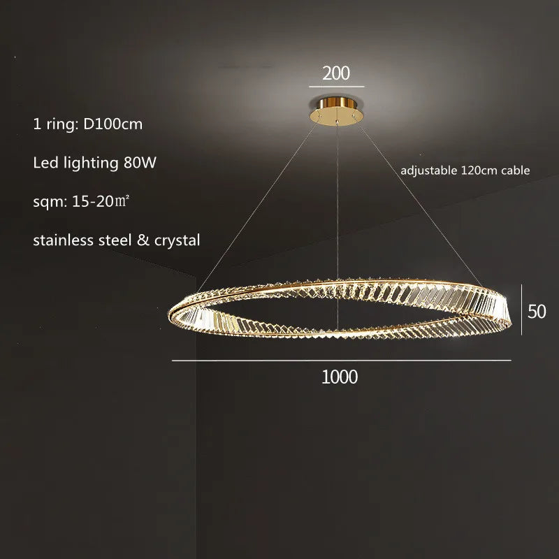 Gold Plated Steel Ring Pendant Lamp with Dimmable LED Lights and K9 Crystals
