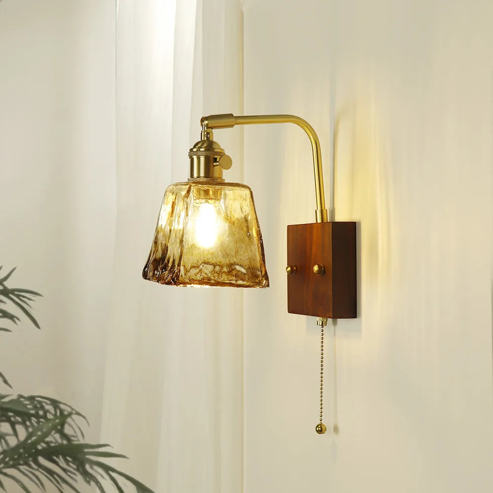 Wooden Brass Glass Wall Lamp Modern Bedroom Bedside Light