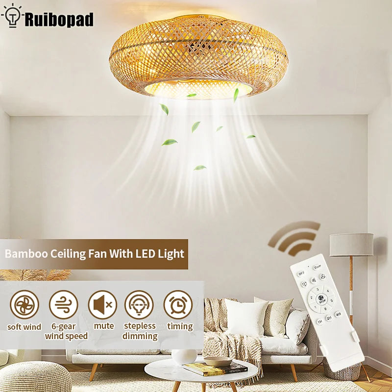 Bamboo Ceiling Fan with Rattan Cage Light & Remote Control