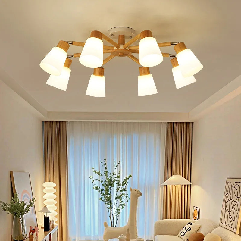 Nordic Wood Chandelier - Modern Living Room Ceiling Lamp with LED Bulb