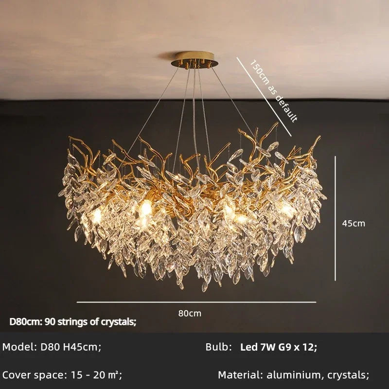 Crystal Branch Chandelier LED Pendant Lamps Elegant Villa Living Room Gold Decor