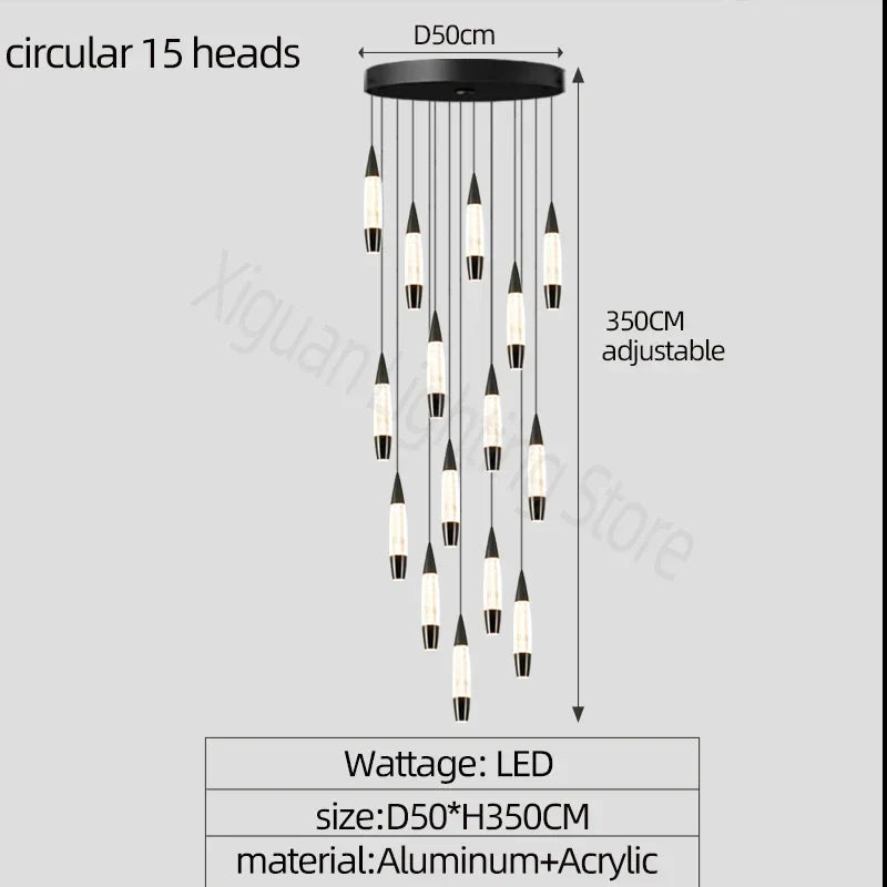 Modern LED Staircase Chandelier in Black Gold Finish