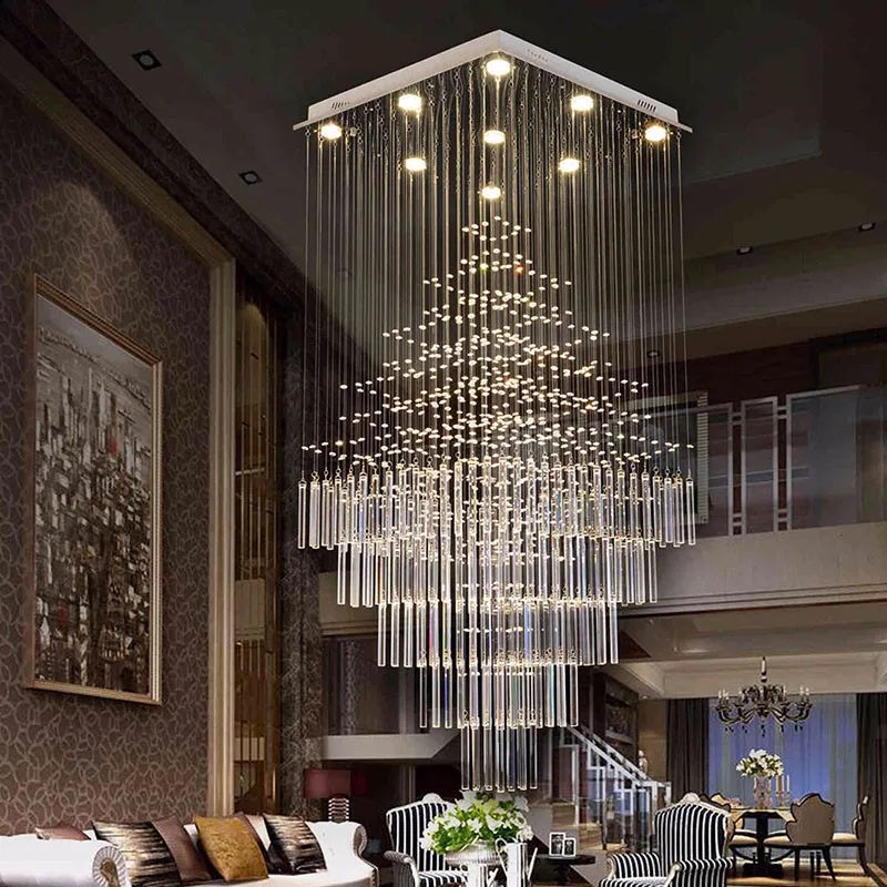 Columnar Crystal Chandelier with Square Base for Living Room, Stair Loft - Modern Hanging Lamp