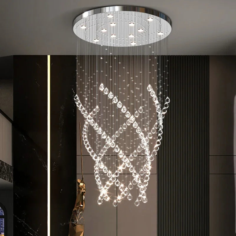 Crystal Chandelier for High Ceilings Living Room - Modern Luxury Spiral Stair Pendant Lamp