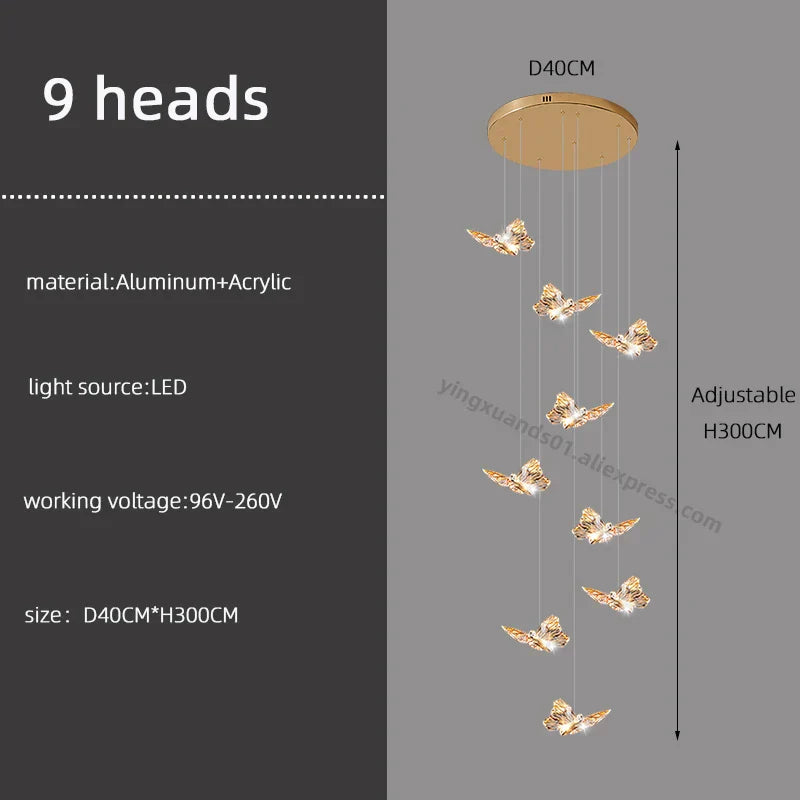 Butterfly Chandelier Staircase Suspended Loft Pendant Light for Living Room & Hallway