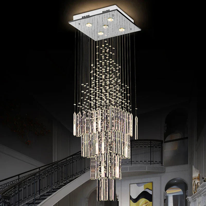 Columnar Crystal Chandelier with Square Base for Living Room, Stair Loft - Modern Hanging Lamp