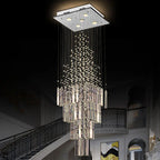Crystal Columnar Chandelier: Modern Square Base Hanging Lamp for Living Room, Stair, Loft