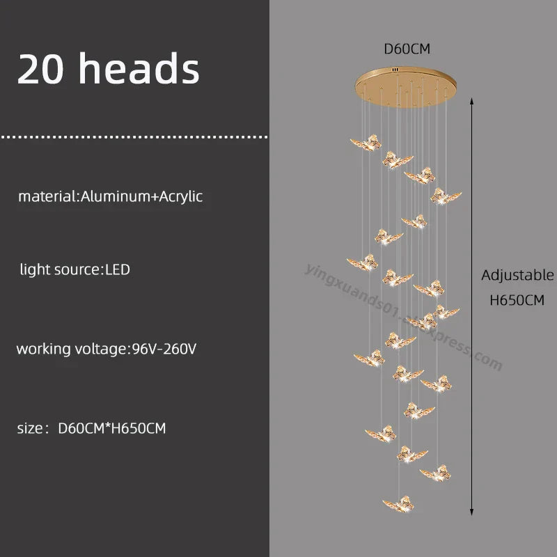 Butterfly Chandelier Staircase Suspended Loft Pendant Light for Living Room & Hallway