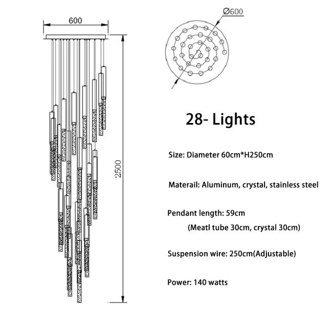 Crystal Led Chandelier for Modern Loft Living Room Staircase, Gold Art Deco Hanging Lamp