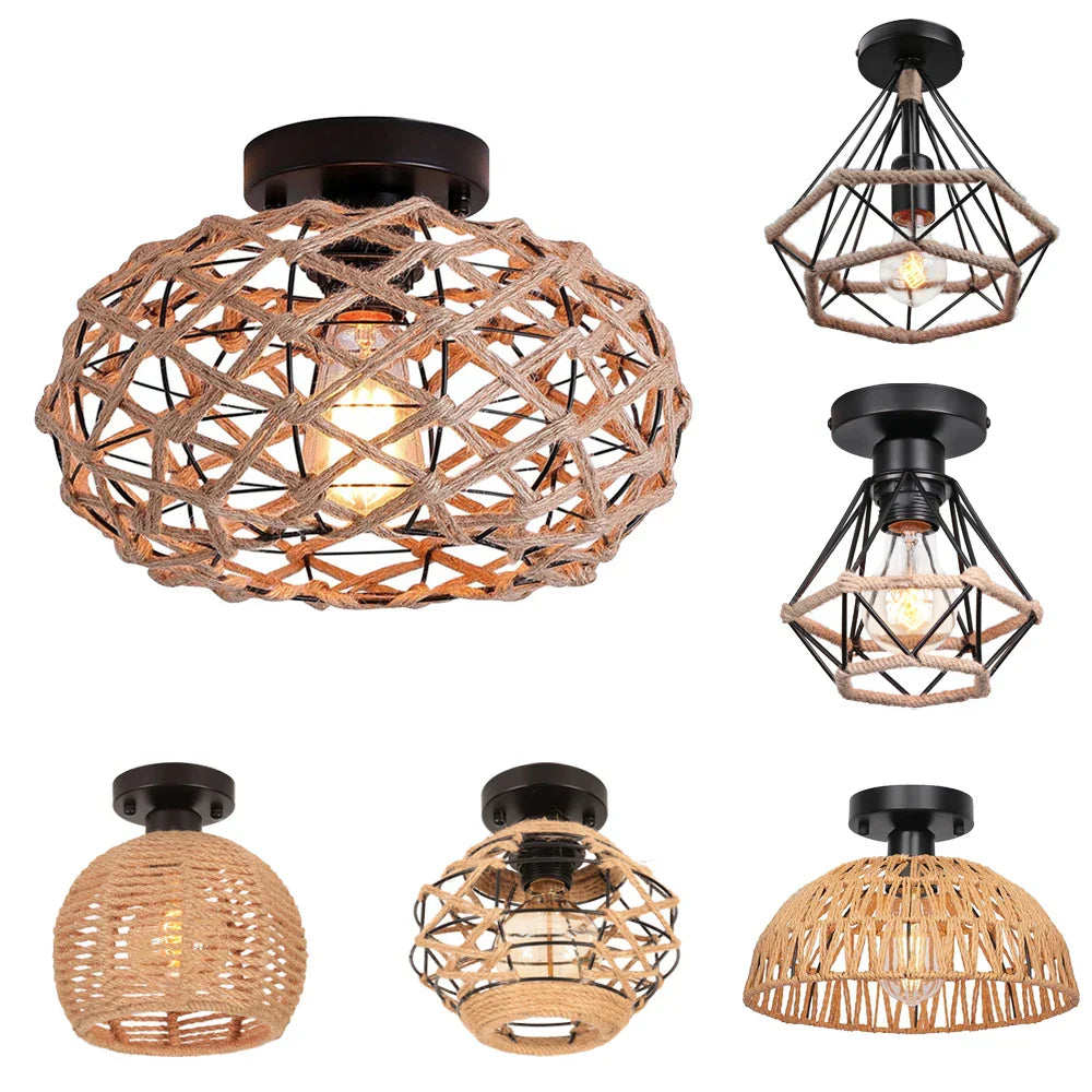 Rattan Ceiling Chandelier Rustic Retro Flush Mount Light Fixtures