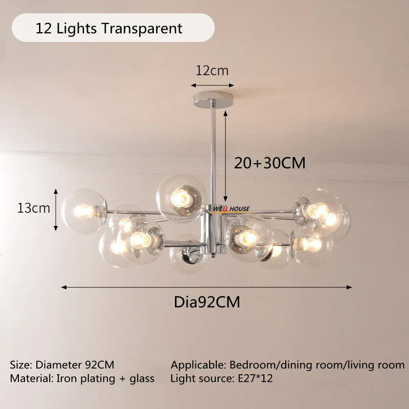 Silver LED Chandelier: Modern Nordic Glass Pendant Light for Home Décor