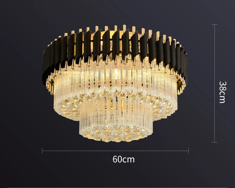 Gold Black Crystal Ceiling Chandelier - Round LED Pendant for Living Room Lighting