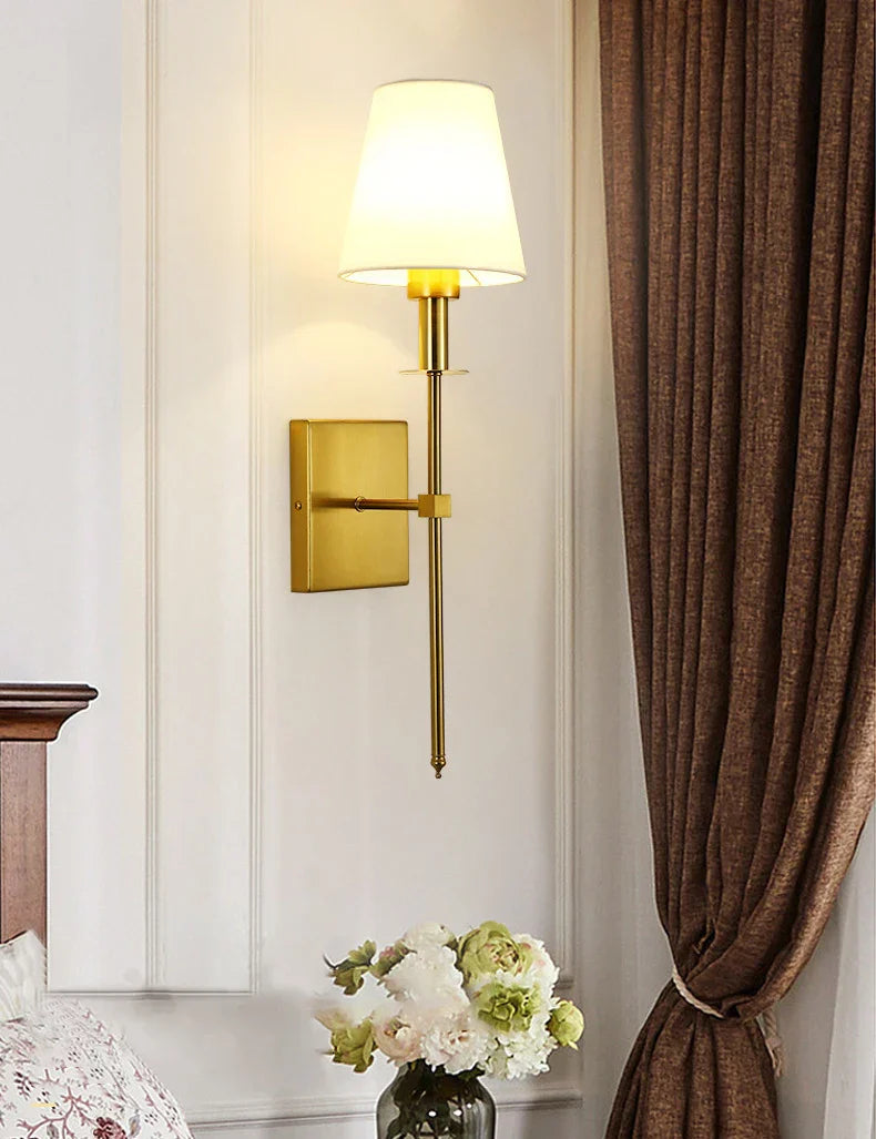 Black Brass Fabric Shade LED Wall Sconce for Bedroom & Mirror Decor