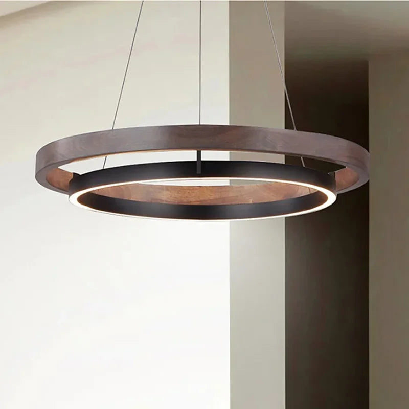 Minimalist Wood Grain Chandelier: Creative Round Hanging Light Fixture for Living Room