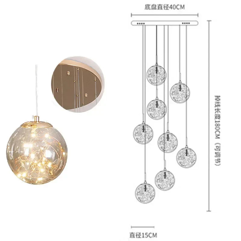 Gold LED Glass Chandelier: Minimalist Round Ball Staircase Lighting Fixtures