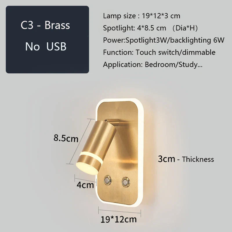 LED Wall Sconce Lamp Touch Switch USB Bedside Reading Light Tri-color Diammable